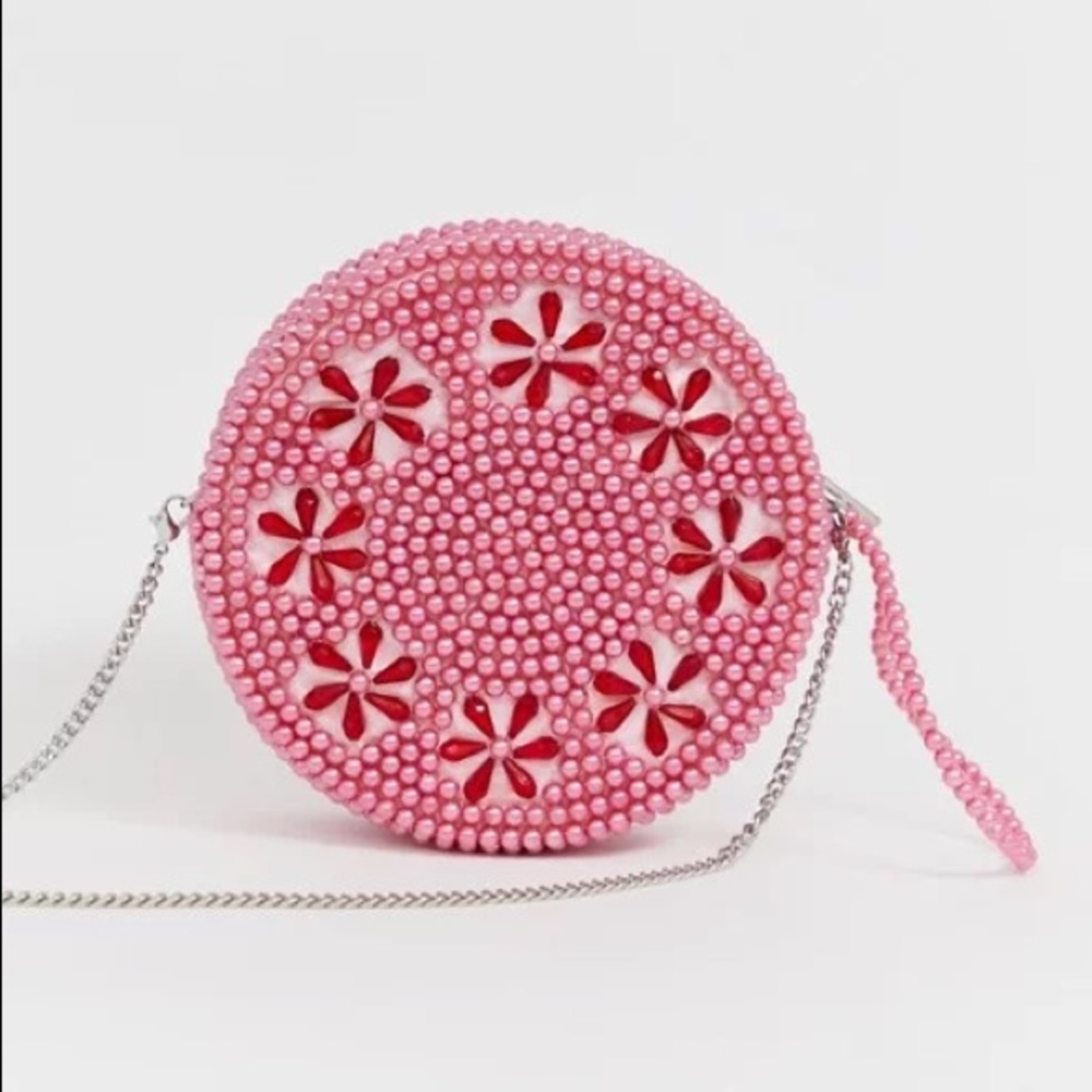 EUC Skinnydip Pink and Red Beaded Round Crossbody Bag